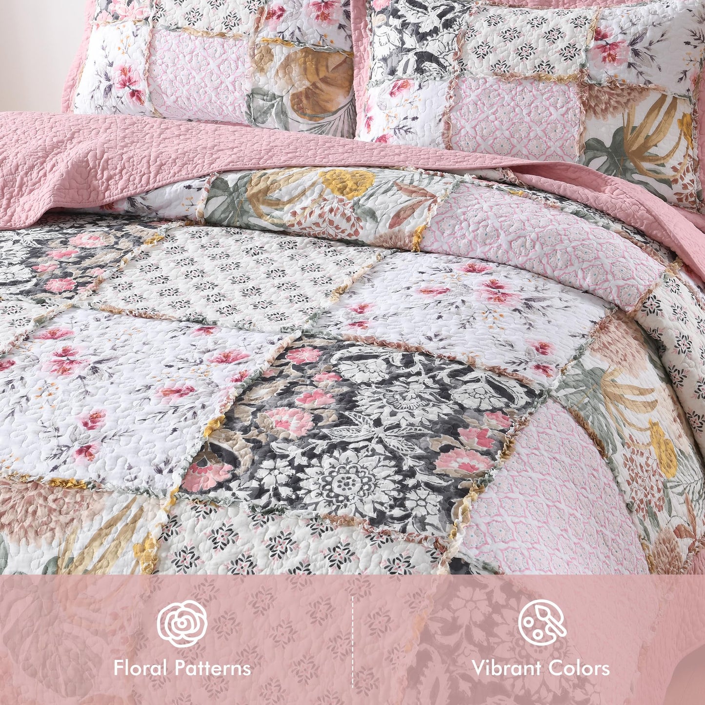 Etwel 100% Cotton Patchwork Queen Size Quilt Set - Lightweight Breathable Reversible Bedspread for Hot Sleepers, Farmhouse Bedding Set with 2 Pillow Shams for All Season (90"x90", Pink Floral Plaid)