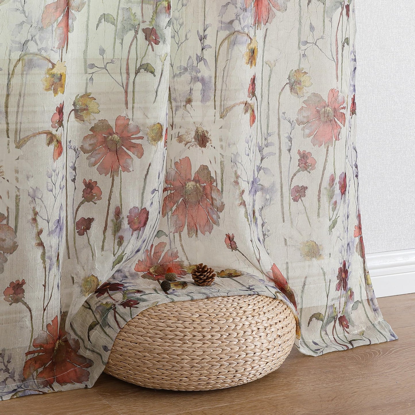 OWENIE Crushed Sheer Curtains 84 Inches Long 2 Panels Set, Sheer Floral Curtains Printed Drapes on Sheers for Living Room Bedroom, Rod Pocket Light Filtering Window Sheers (2 Panels, 51" x 84")