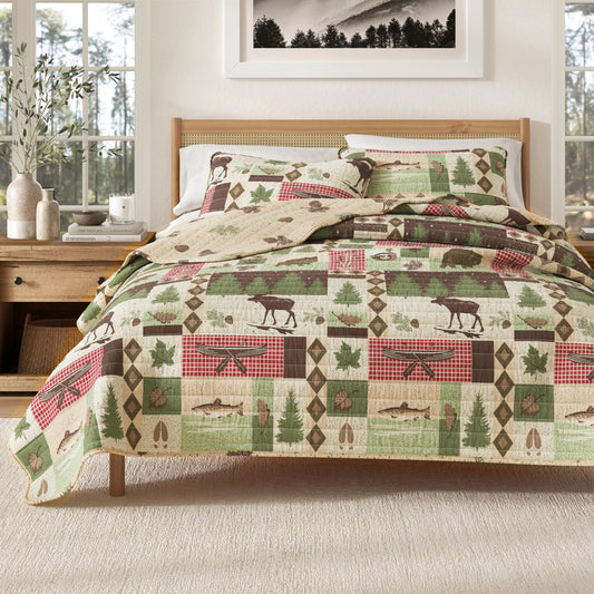 Great Bay Home Lodge Quilt Set - 3-Piece Full/Queen Size Rustic Bedding Set - Lightweight, All-Season, Reversible Bedspread (Lodge Patchwork)
