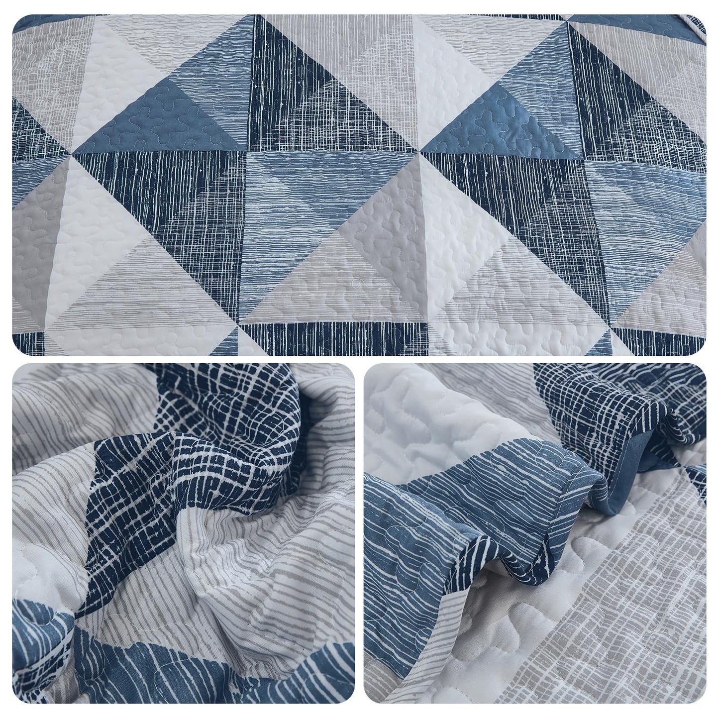 Dintszyayue Quilt Queen Size Blue, 3 Pieces Patchwork Bedspread Bedding for Queen Size Bed, Soft Lightweight Microfiber Geometric Coverlet Set for All Season Quilt with 2 Pillowcases