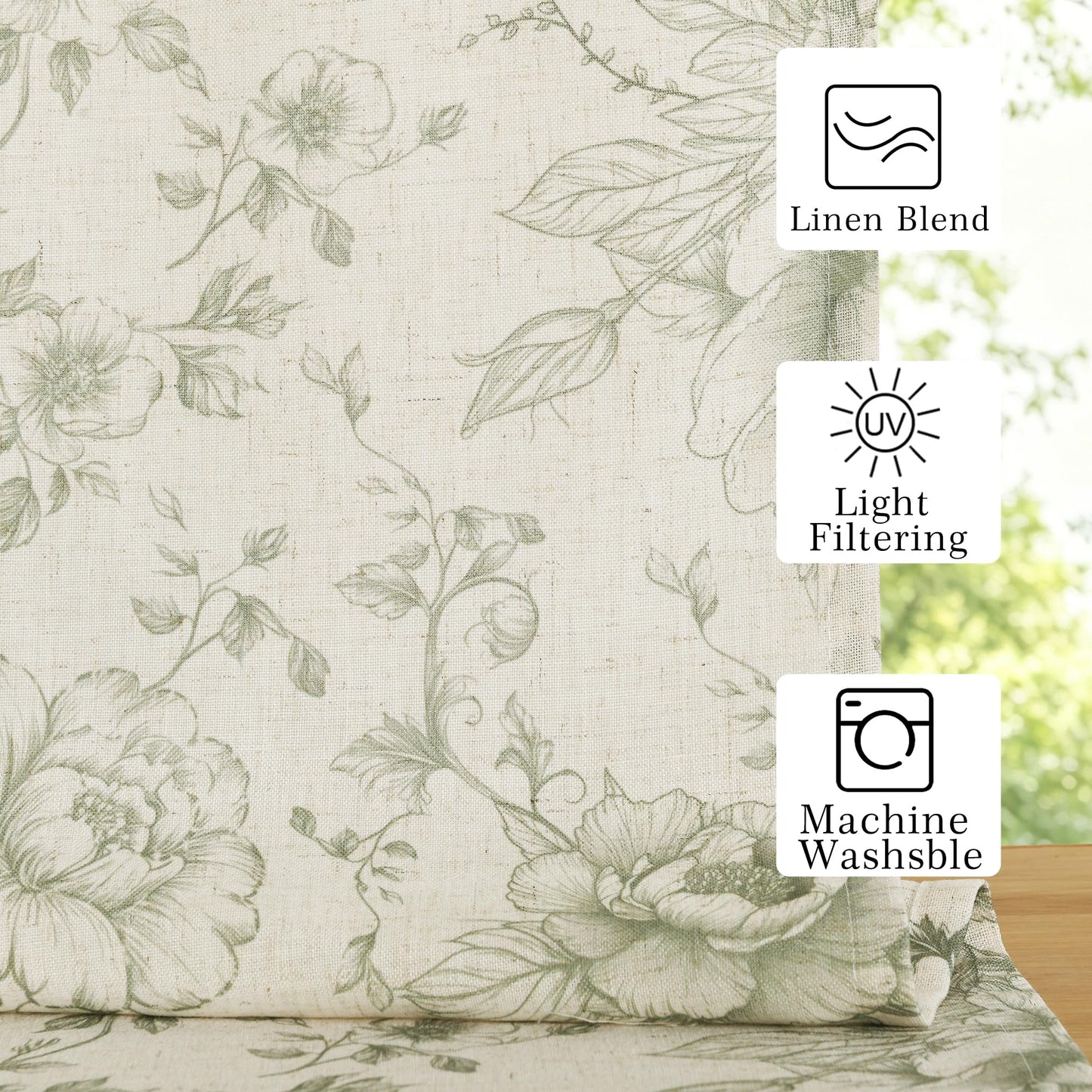 JIUZHEN Farmhouse Floral Linen Kitchen Curtains 24 Inch Length, Rod Pocket Rustic Light Filtering Tier Curtains for Livingroom/Bathroom, Green Peony Fragmented Flowers, 2 Panels