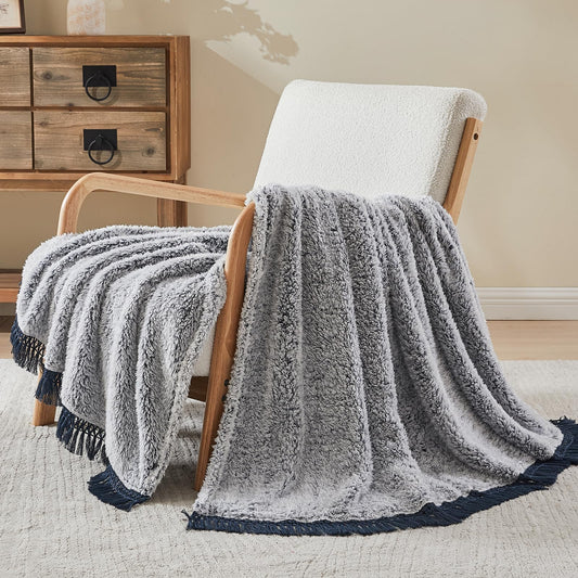 EMME Soft Sherpa Fleece Blanket with Tassel, Reversible Plush Fluffy Large Blanket, Light Weight Warm Decorative Boho Blanket Cover for Sofa, Couch, Bedroom,Travel(Tassel Navy,50"x60")