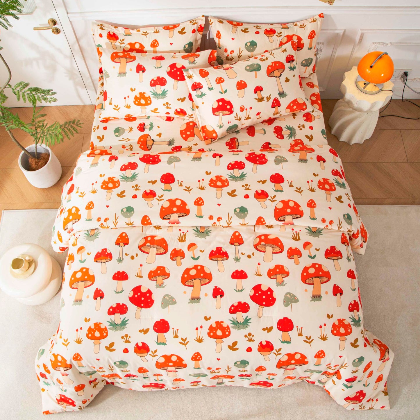 SDY 7PCS Mushroom Bedding Twin，Mushroom Comforter Twin and Bed Sheets for Boys Girls and Kids witj 1Comforter 1Fitted Sheet 1Flat Sheet 2Pillow Cover 2Pillow Sham