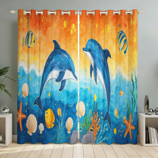 MBVZGUK Ocean Dolphin Blackout Curtains 72 Inch Long 2 Panels, Blue Underwater World Coral Tropical Fish Landscape Decor Drapes, Oil Pinting Style Curtain for Boys Girls Toddler Bedroom