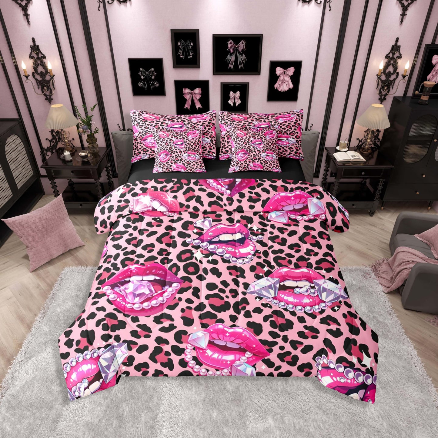 Erosebridal Pink Leopard Print Twin Size Bedding Set Sparkling Diamond & Pearl 7 Pieces Comforter Set with Sheets Women Girl Y2K Charming Lips Bed in a Bag Girly Cheetah Print Bed Sets
