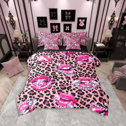 Erosebridal Pink Leopard Print Twin Size Bedding Set Sparkling Diamond & Pearl 7 Pieces Comforter Set with Sheets Women Girl Y2K Charming Lips Bed in a Bag Girly Cheetah Print Bed Sets