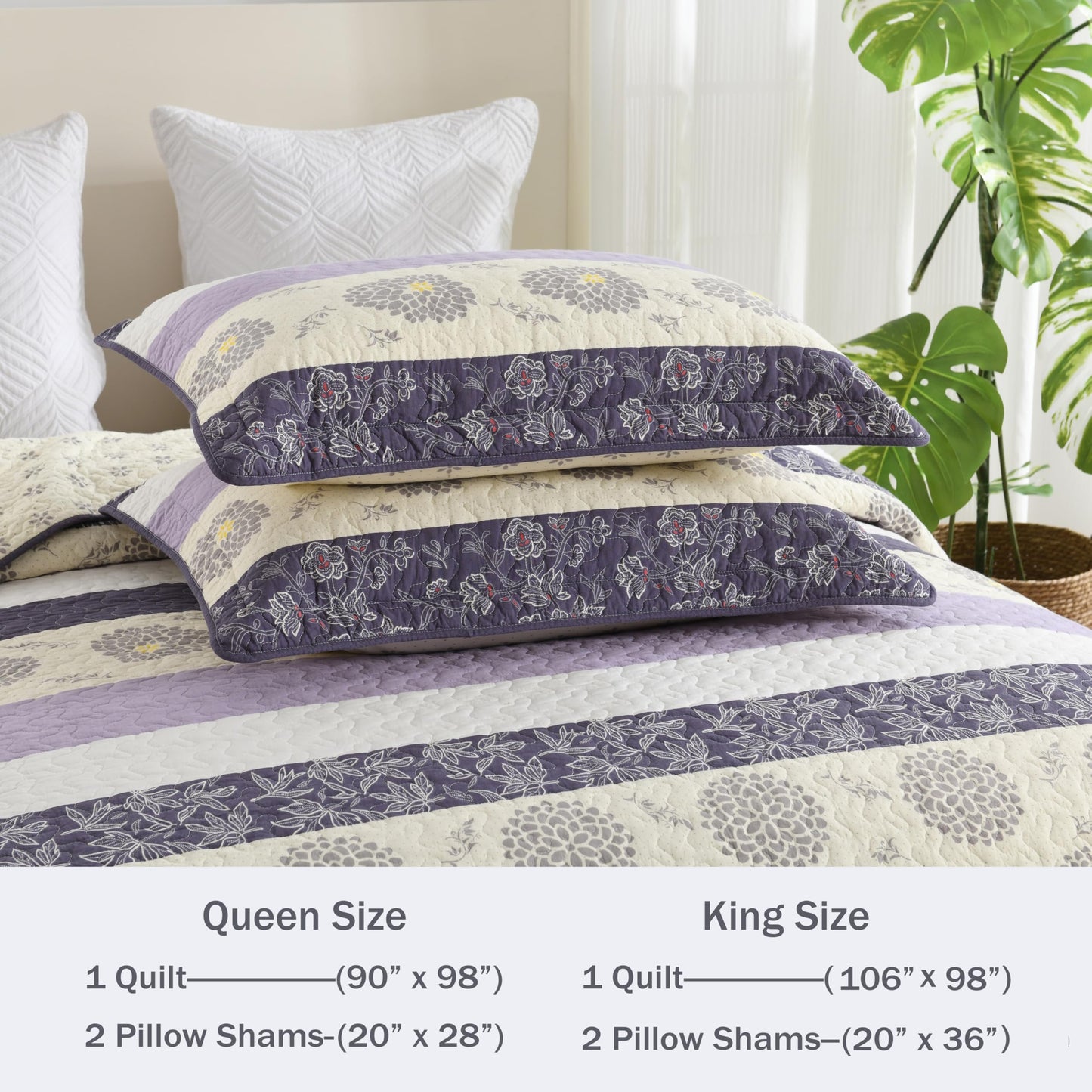 Homzard Floral Comforter Set Queen Size,Purple Lavender Beige Queen Size Quilt Set,All Cotton Quilted Comforter,Striped Floral Pattern Bedding Bedspread, 3 Piece All Season