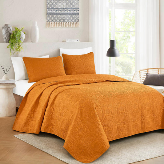 Chezmoi Collection Austin King Oversized Bedspread Set, 3-Piece Pinsonic Quilted Lightweight Microfiber Bedspread Coverlet, Orange