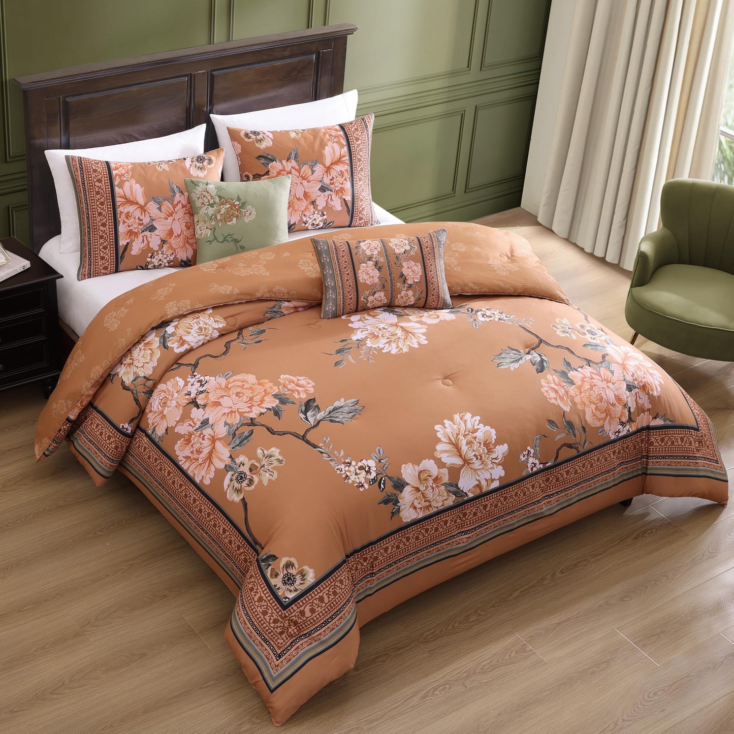 Bebejan Rossana 100% Cotton Sateen 5 Piece Comforter Set, Terracotta, Floral Reversible Bedding Comforter Set, 1 Comforter, 2 Shams & 2 Pillows (King/Cal King)