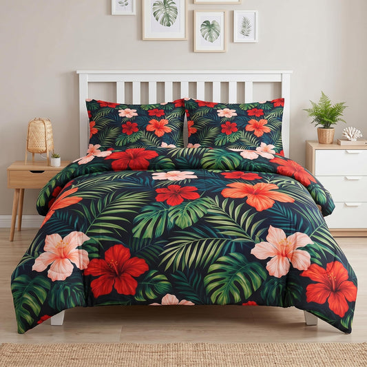 Pamnest Comforter Set Queen Size, Tropical Plants Hibiscus Soft 3 Pcs Bedding for Kids and Adults, Colorful Hawaiian Summer Floral Comforter Set with Pillowcase, for Bedroom Bed Decor