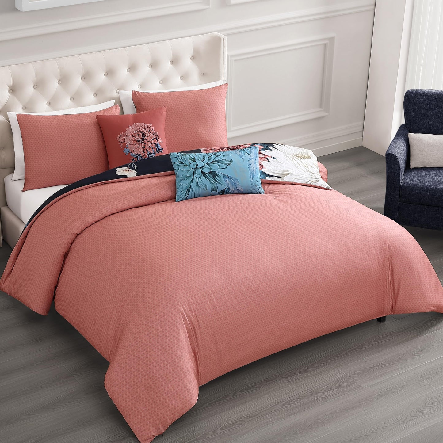Bebejan Navy Mums 5 Piece Comforter Set, 100% Cotton Sateen, 220 Thread Count, Blue Reversible Bedding Comforter Set, 1 Comforter, 2 Shams & 2 Pillows (King/Cal King)
