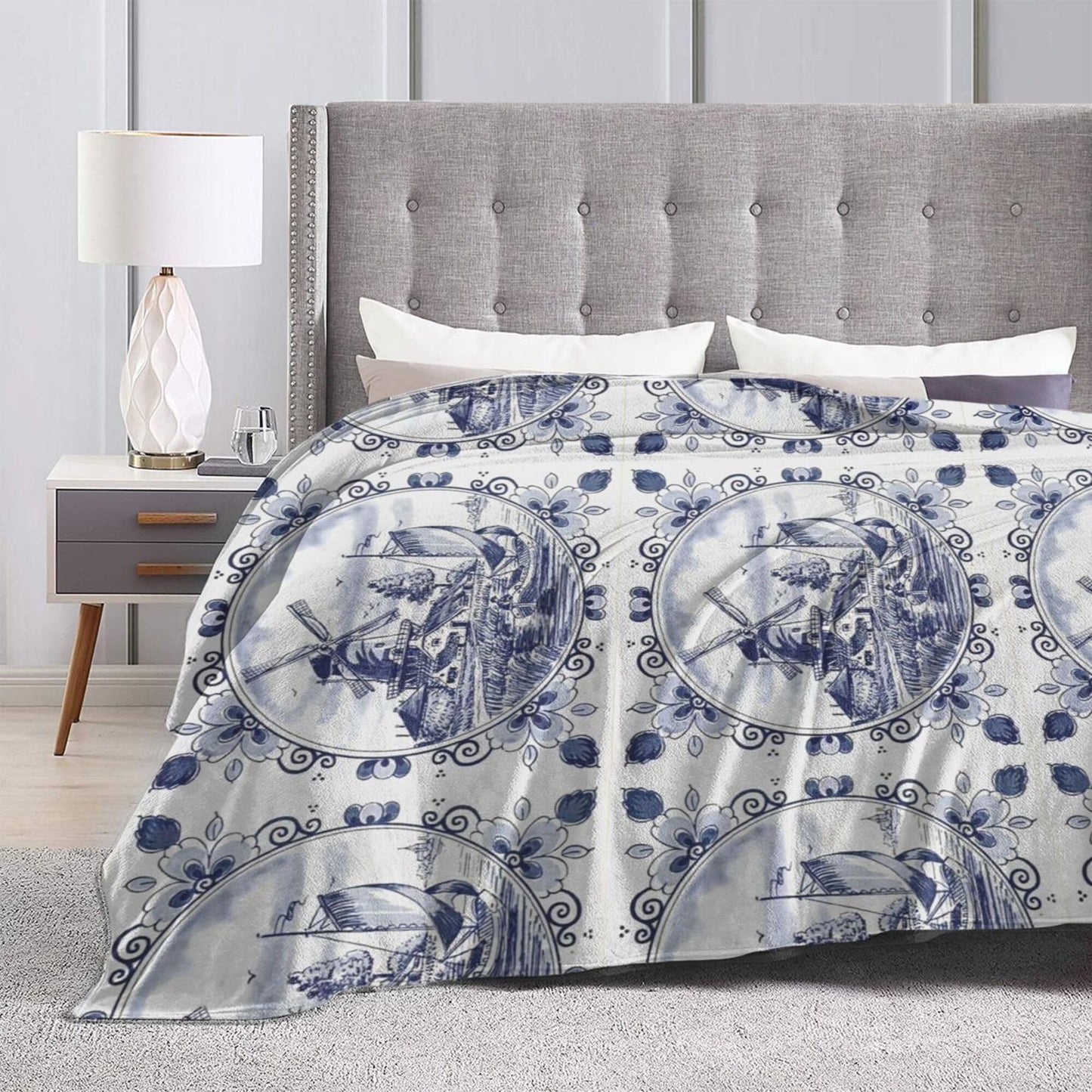 Nederland Cute Vintage Dutch Windmill Delft Blue Blanket Super Soft Flannel Blanket Comfy Cozy Throw Blanket Couch Lightweight Blankets for Living Room Bedroom 80"x60"