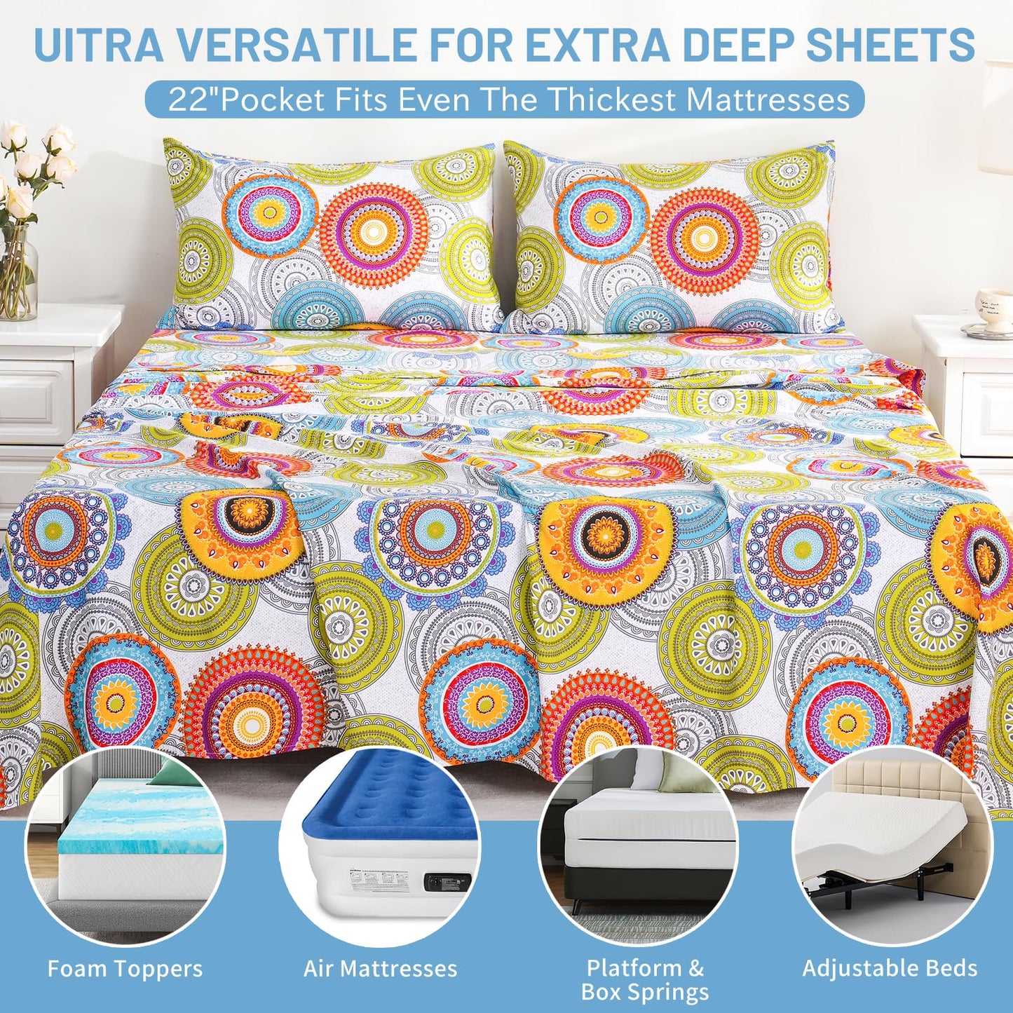 Bedlifes Queen Size Extra Deep Pocket Sheet Sets - Fits Mattresses Up to 18-24" Thick, 4-Piece Microfiber Set with 1800 Thread Count, Soft, Smooth, Breathable, Featuring Mandala Patterned