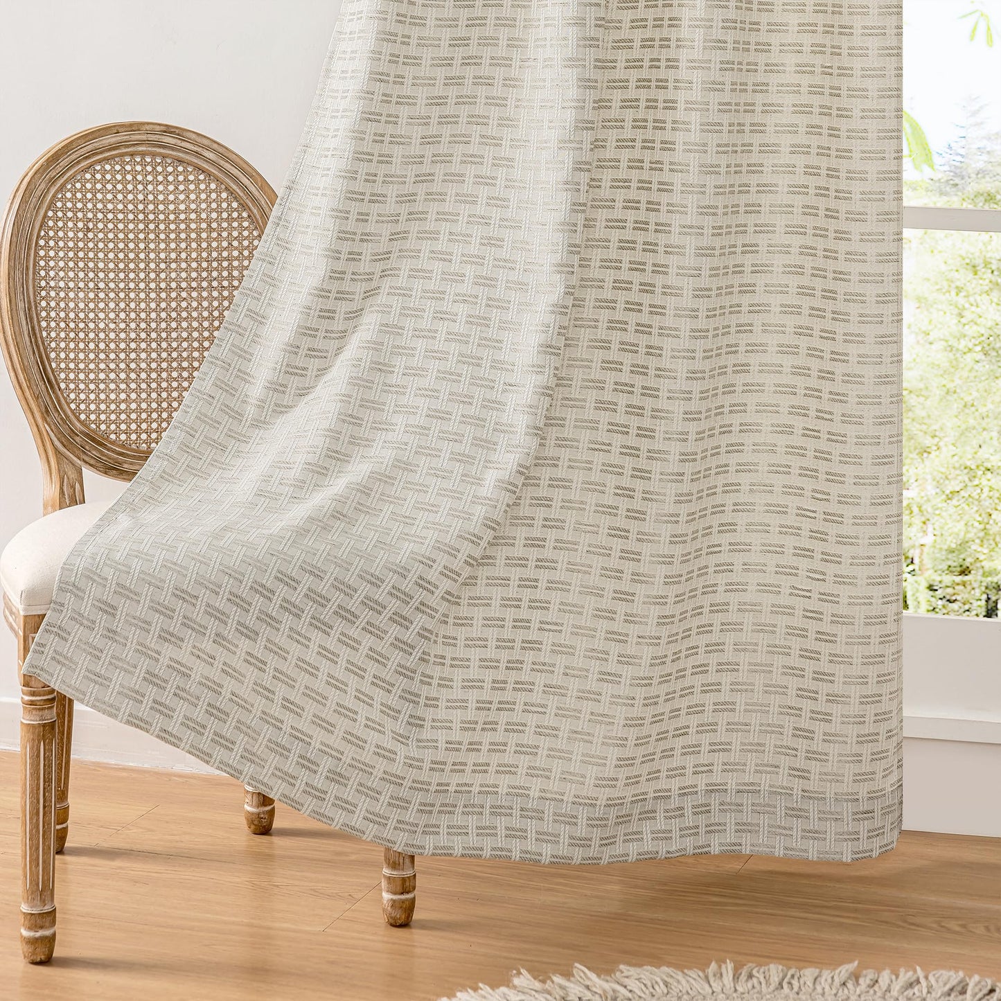 ChrisDowa Semi Sheer Natural Linen Curtains 84 Inches Long 2 Panels for Living Room Dining Room Plaid Patterned Light Filtering Voile Grommet Window Treatments Drapes Privacy Assured,52X84