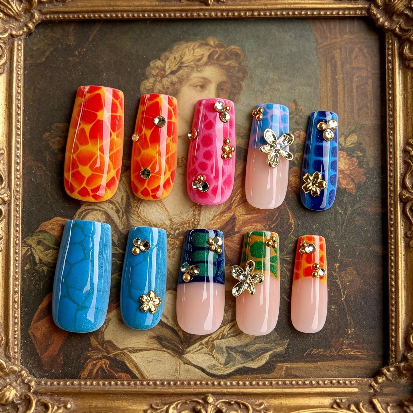 BABALAL Press On Nails, Long Square Fake Nails, Colorful Neon Tortoise Print with 3D Gold Flower & Rhinestone Design, Glossy Y2K Summer Festival Tropical Glue On Nails 24Pcs