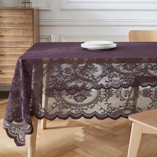 NOIR GOTHIC DÉCOR 60 x 84 Rectangle Plum Purple Lace Tablecloth for Gothic Kitchen Décor. Rectangular Gothic Tablecloth with Vintage Flower Design for Goth Theme or Halloween Party. (SHT Purple 60x84)