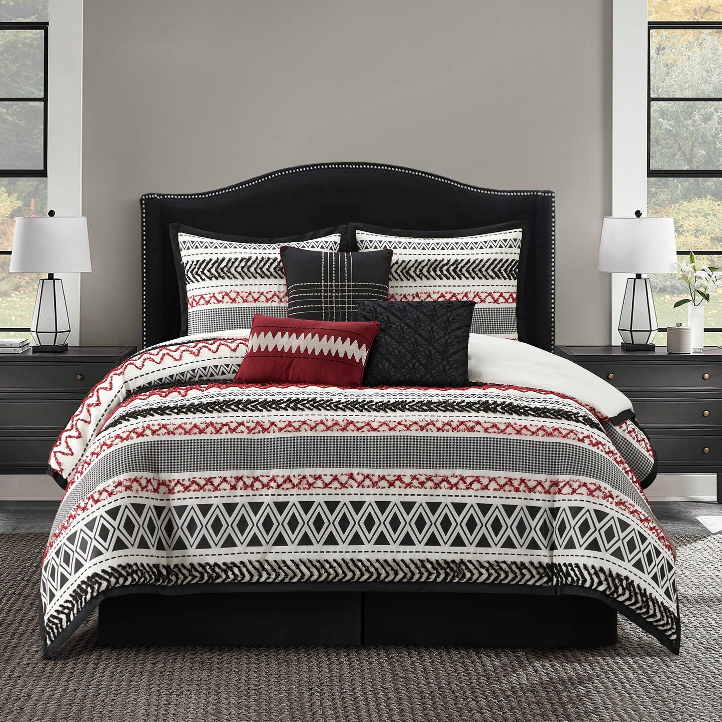 Startford Park Striped Comforter Set, 7 Piece,Black & Red, Bed Size Queen,Jacquard & Clip Geometric All Season Premium Bedding Set