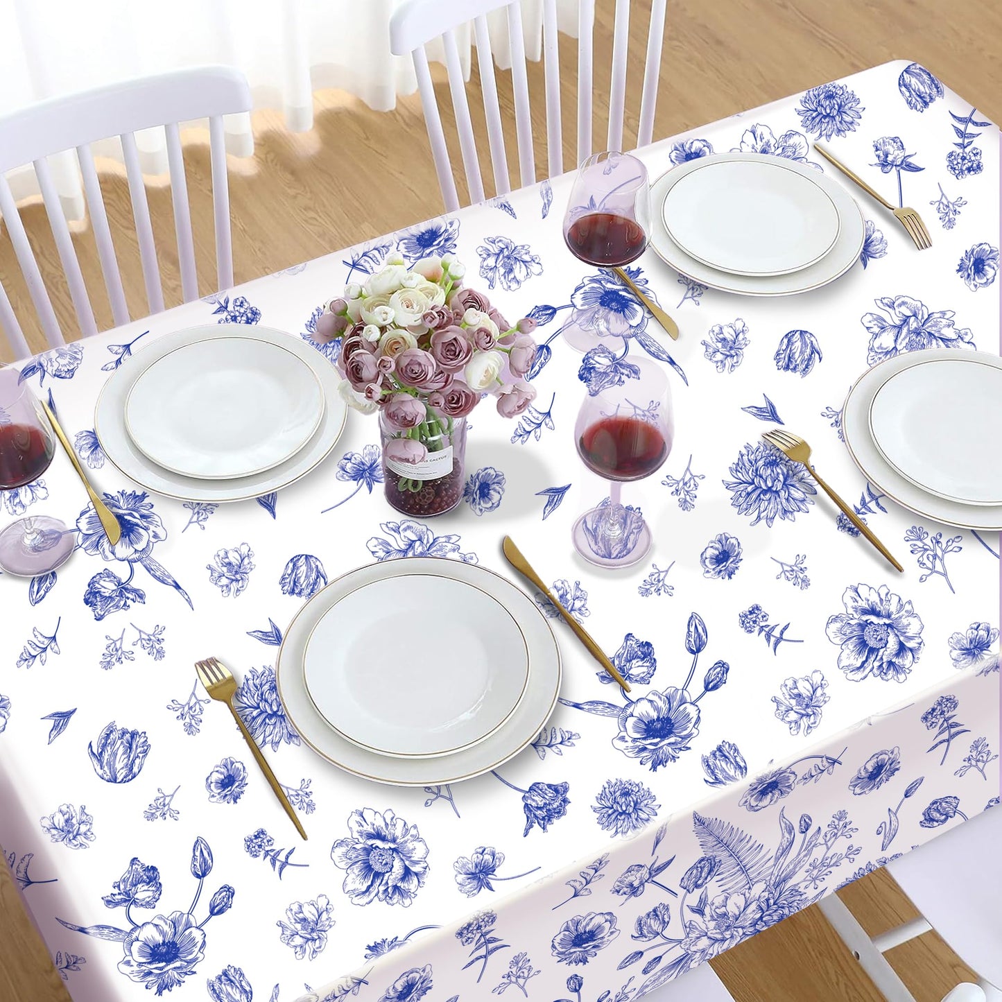 CC HOME 1Pc Vintage Blue Flowers Party Plastic Tablecloth 54 x 87 Inch Long Table Cover, Spring Fresh Floral Party Tablecover for Blue Flowers Kids Baby Shower Birthday Dinner Picnic Kitchen Event
