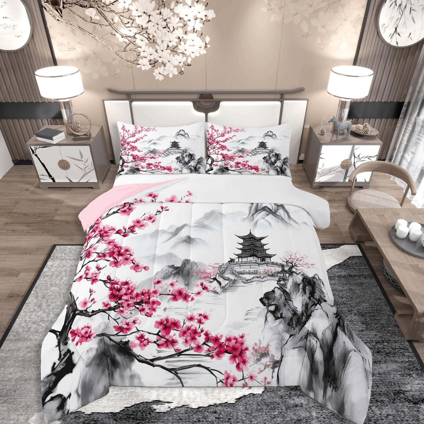 jejeloiu Chinese Ink Painting Comforter Set Queen Size Japanese Style Bedding Set for Kids Boys Girls Cherry Blossom Duvet Quilt Mountain Bedroom Decor Microfiber 3 Pcs with 2 Pillow Cases