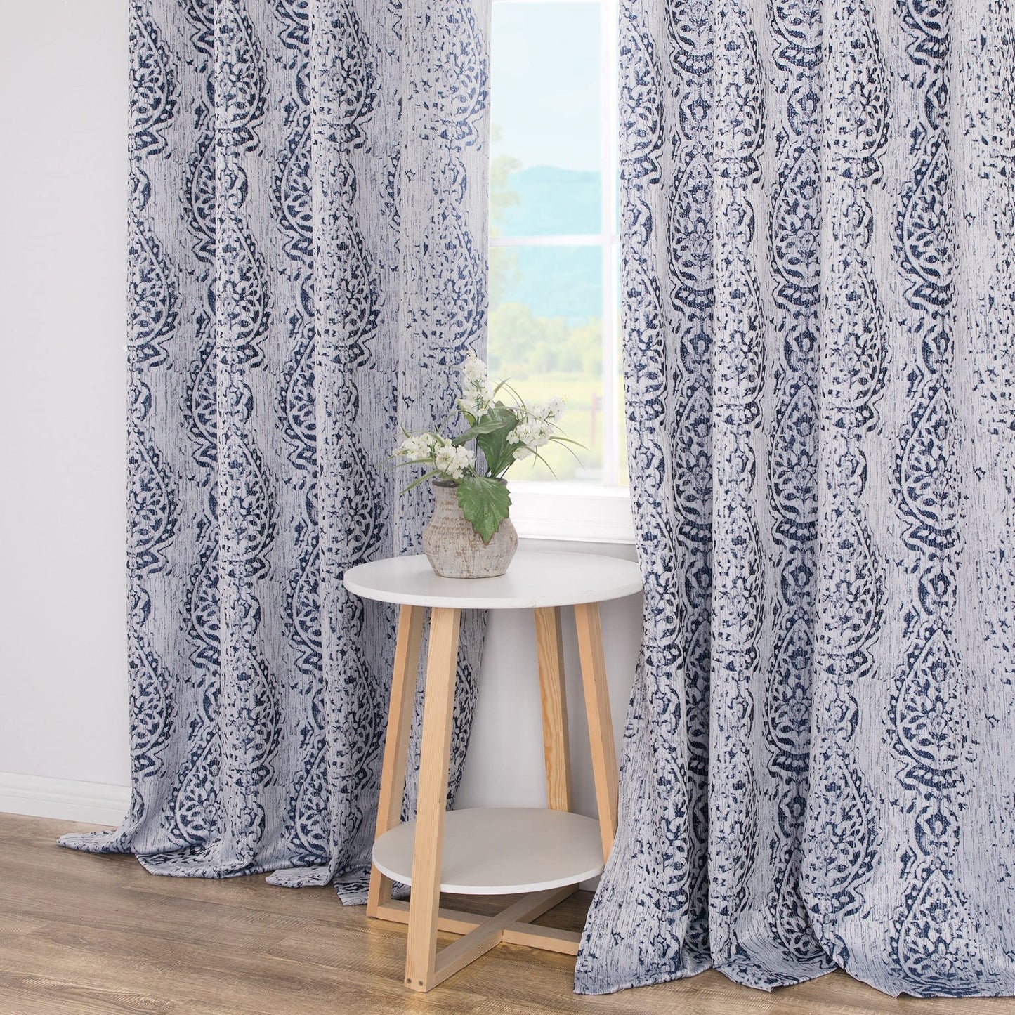 84 Inch Length Navy Blue Pattern Curtains for Living Room 2 Panel Set Grommet Damask Medallion Print Textured Grey Cream White Jacquard 50% Blackout Darkening Window Curtain Drapes for Bedroom