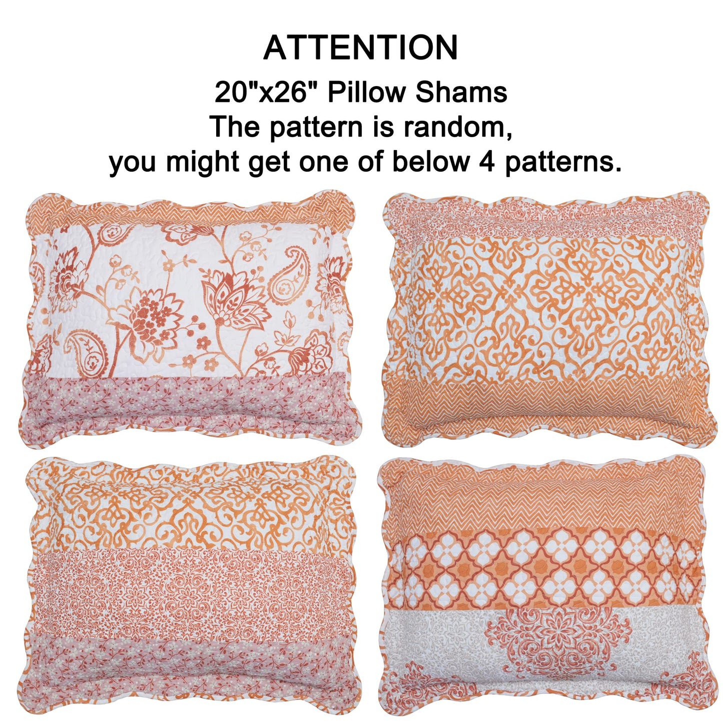 Home Soft Things 9-Piece Oversized King Bedspread Set - 122” x 106” Lightweight Reversible Microfiber Quilt Coverlet Bedding - All Season Farmhouse Chevron & Floral Scroll - Coral Orange/Off-White