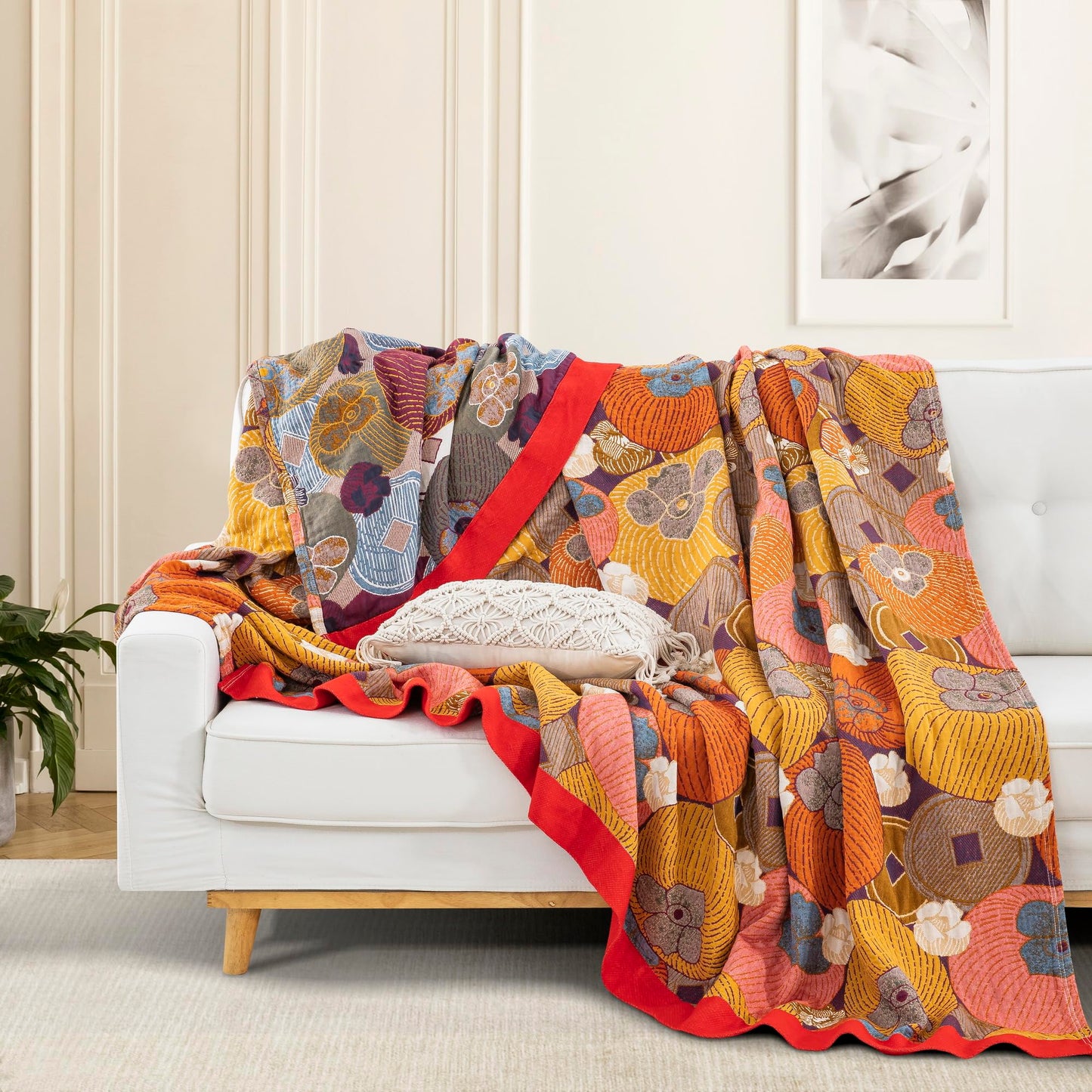Purefair 100% Muslin Cotton Throw Blanket for Bed Couch Chair, Floral Persimmon Printed Colorful Retro Quilt Ultra Soft Reversible Gauze Blanket for All Season, 60"x80"