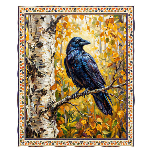 LevensWoodland Oil Painting Autumn Raven Flannel Throw Blanket 50x60 | Soft Lightweight Cozy Decorative Blanket for Gift, Living Room, Couch, Dorm, Office, Car, Camping, Nap