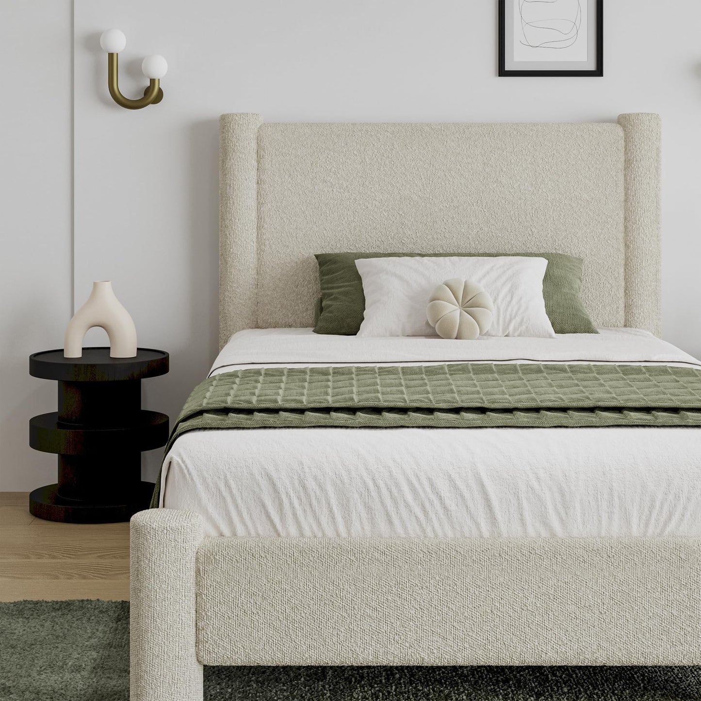 REVOMINCA Twin Size Bed Frame, Boucle Upholstered Platform Bed with Headboard and Footboard, Soft Rounded Corners, No Box Spring Required, Easy Assembly, Cream