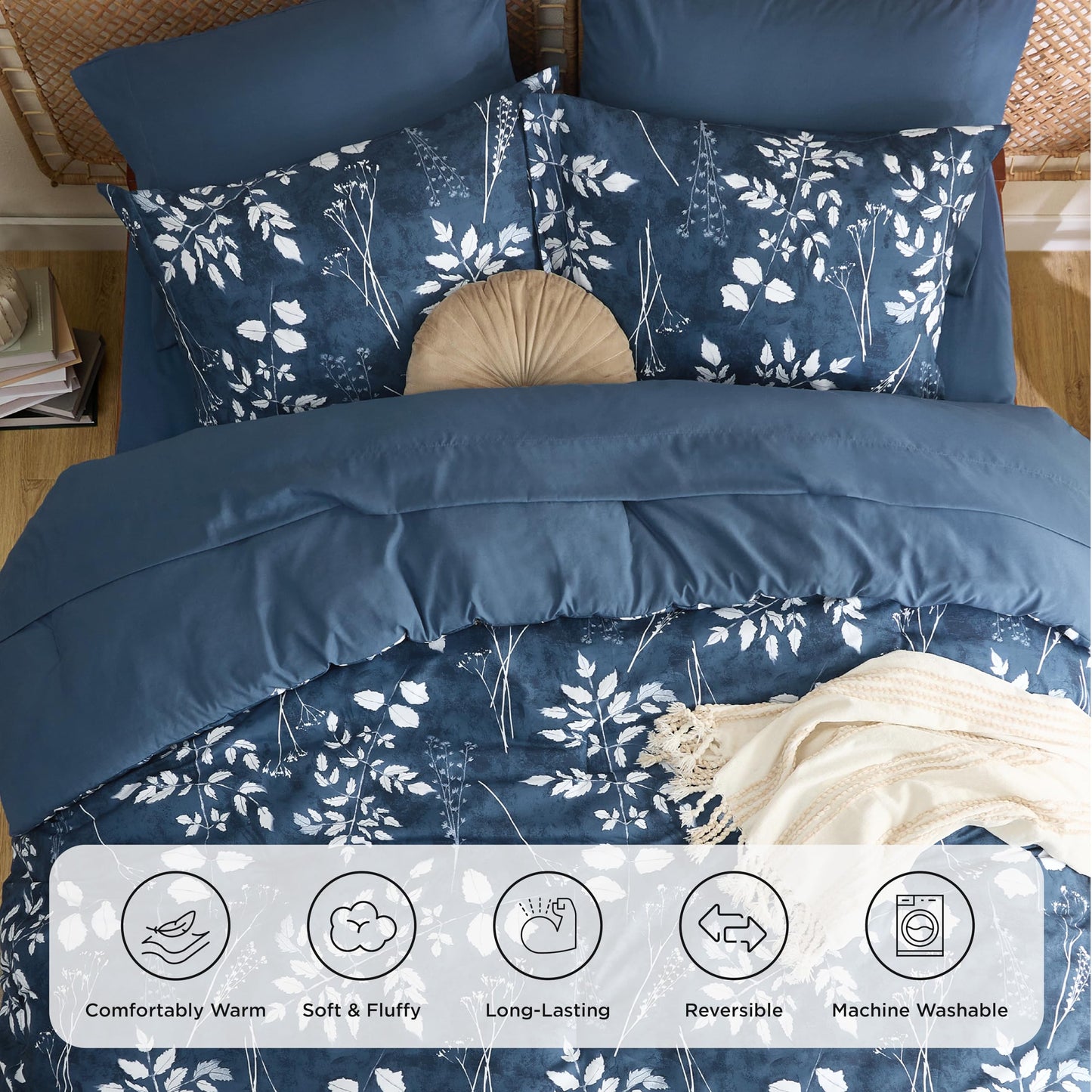 Bedsure Queen Comforter Set - 7 Pieces Floral Navy Soft Bedding Sets, Queen Bed in a Bag with Botanical Flowers Comforter, Sheets, Pillowcases & Shams