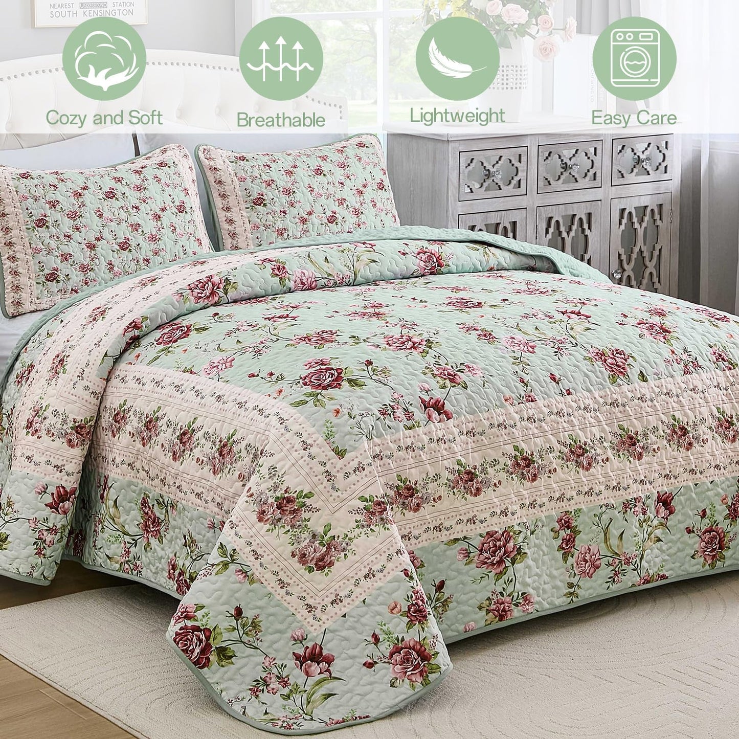 Xruibed Floral Quilt Set Queen Size, 3PCs Antique Rose Green Bedspread Coverlet Set, Lightweight Soft Microfiber Green Quilt Set with 2 Pillowcases for All Season (Queen Size 96"x90")