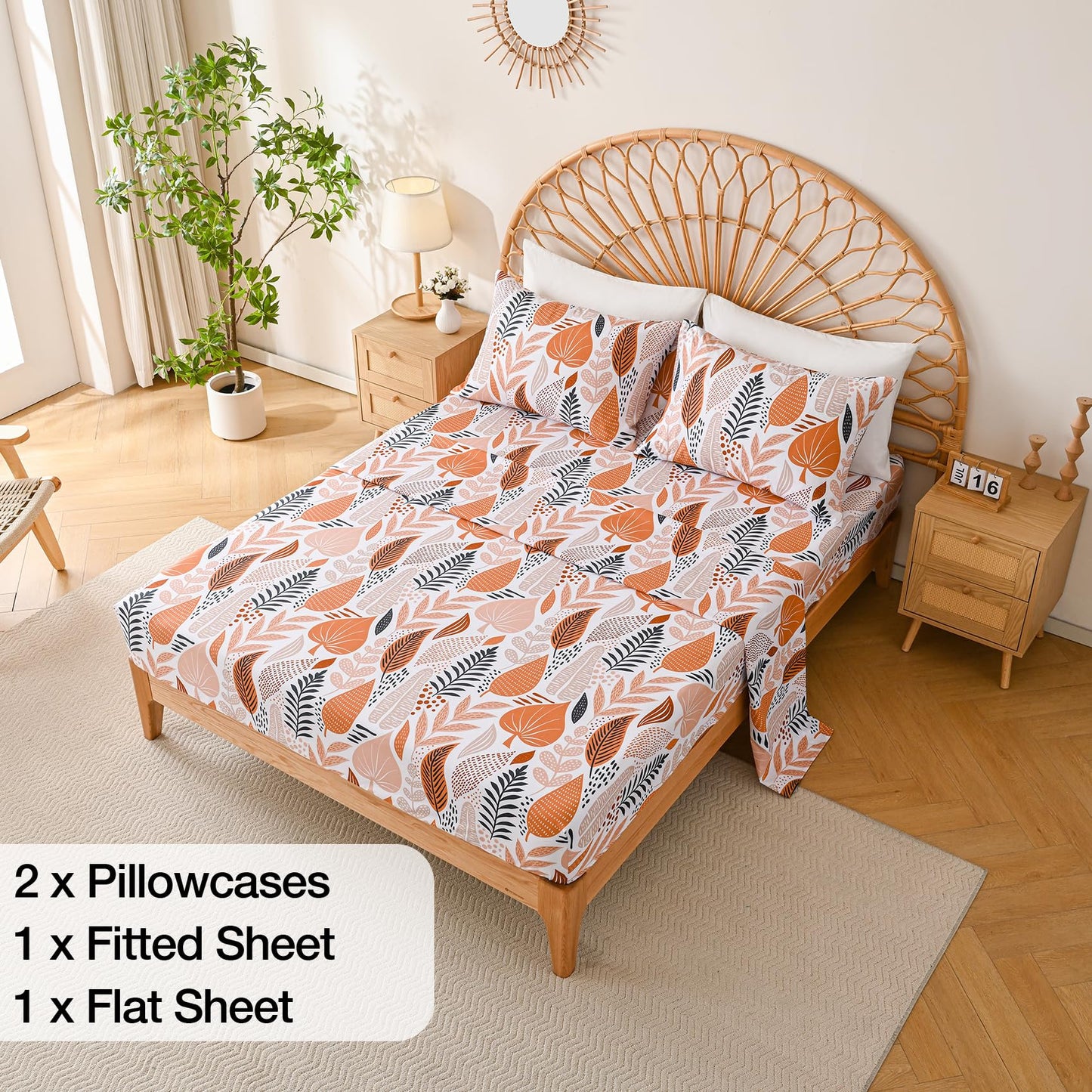 Yibeizi Boho Leaves Printed Sheet Set Queen, Botanical Pattern Bed Sheets Microfiber Bedding Sheets & Pillowcases Soft 15" Extra Deep Pocket Fitted Bedsheet 4 Piece