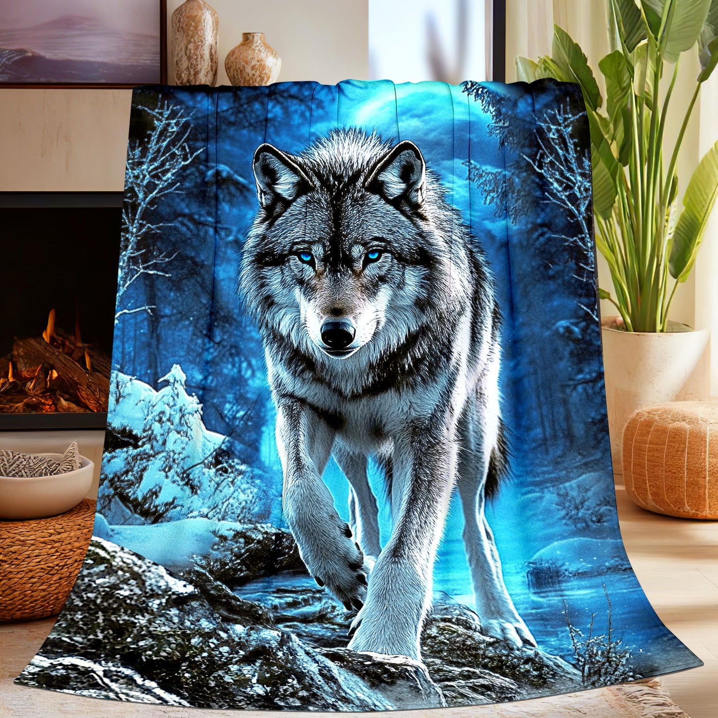 Wolf Blanket for Men Women, Super Soft Cool Blue Forest Animal Majestic Wolf Stuff Blanket Gifts for Wildlife Lovers Adults Kids Girls Boys, Warm Cozy Fuzzy Plush Fleece Flannel Throw Blankets 50"x40"
