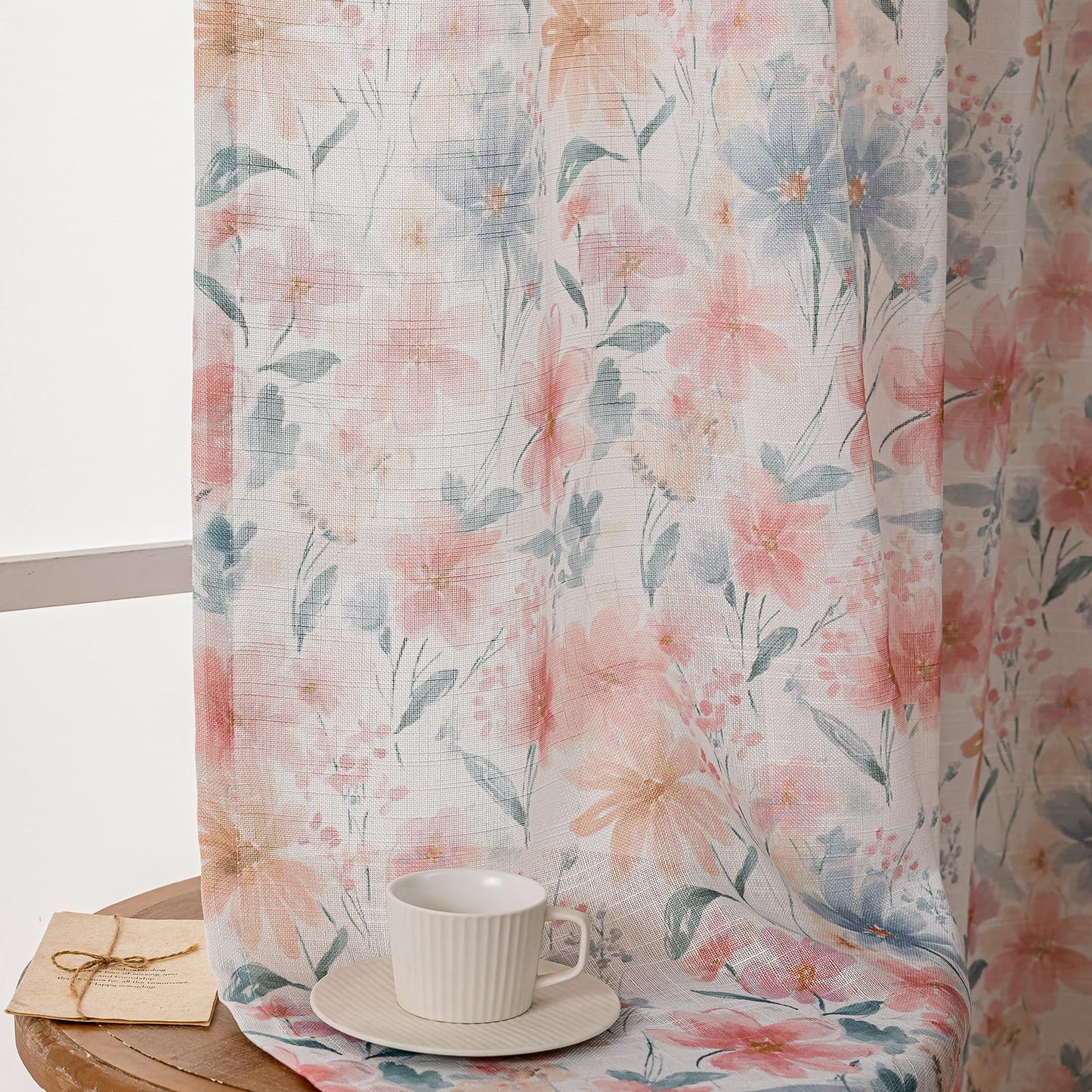 SUOUO Red Floral Semi Sheer Curtains Linen Textured for Living Room 84 inches Long Rod Pocket Print Grey Blue Leaf Window Drapes for Bedroom 2 Panels