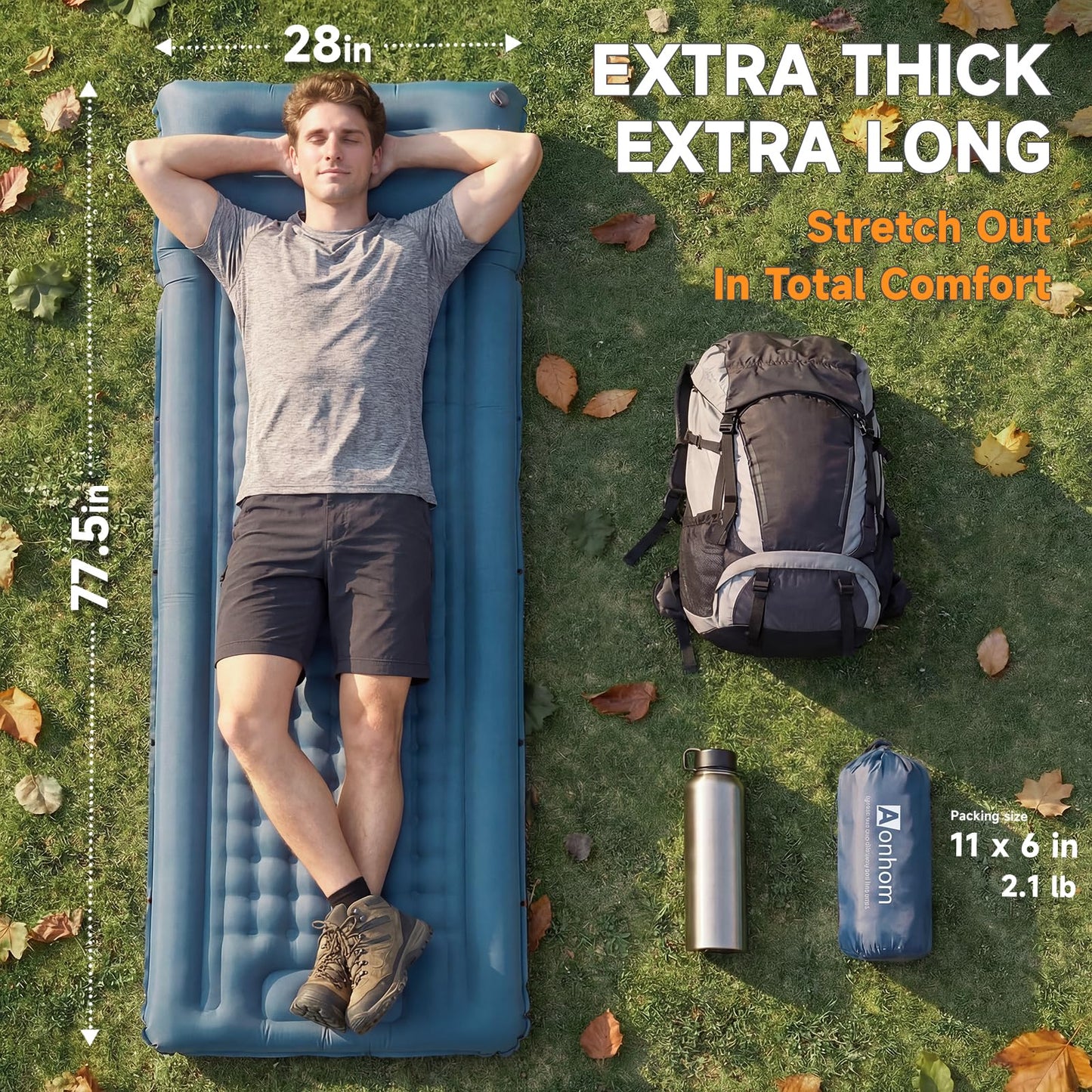 Aonhom Camping Sleeping Pad, 5" Ultralight Inflatable Sleeping Mat with Pillow, Built-in Foot Pump Inflatable Sleeping Pads Compact for Camping Backpacking Hiking Traveling Tent