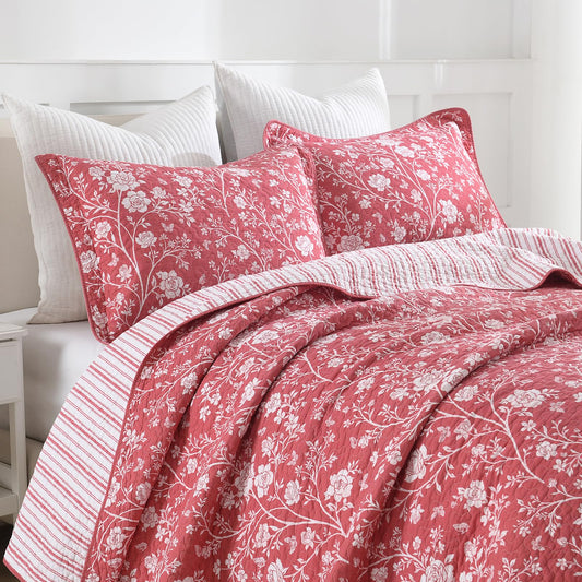 DDUOXIN Queen Quilt Set - 100% Cotton Quilts with 2 Pillow Shams, Vintage Floral Bedspread Lightweight Thin Comforter Reversible Bedding for Pastoral Style Bedroom, Red, Queen(90" W x 98" L)