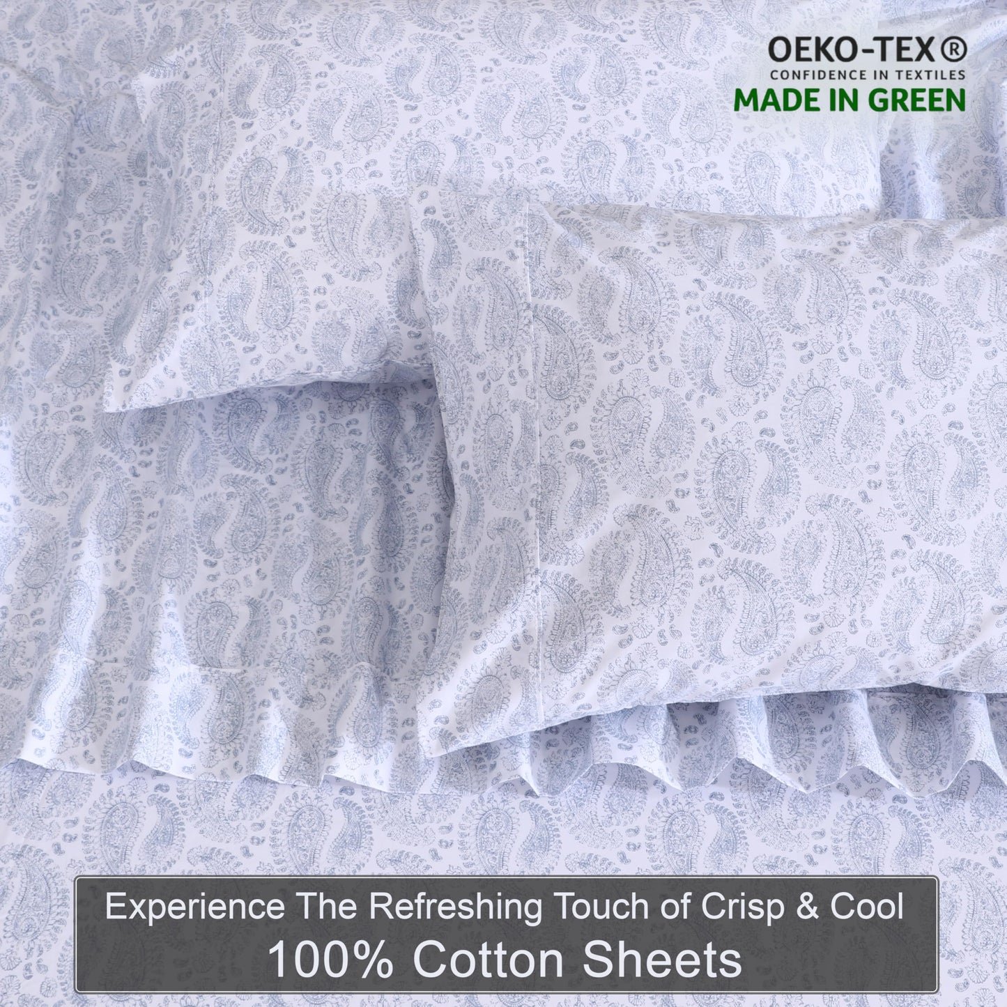 ZOYER 100% Cotton Percale Sheets Queen – Cooling Breathable Bed Sheets for Hot Sleepers, Crisp Hotel Style Bedding, Deep Pocket 16”, Lightweight Soft Durable 4 Pcs Sheet Set, Paisley Imprint