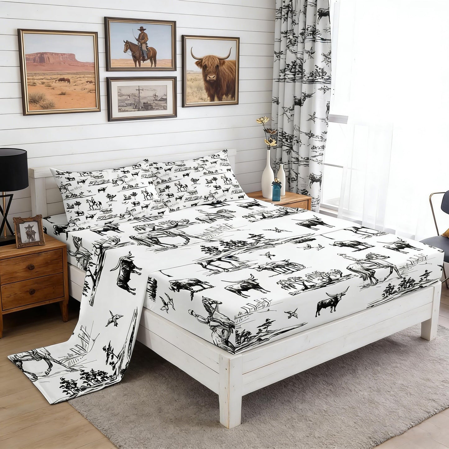 Western Sheet Set Twin Size Sketch Cowboy Cow and Horse Bedding Set 3Pcs Farm Animal Bed Sheet for Kids Boys Girls Adult Room Decor Black White Rustic Farmhouse Fitted + Flat Sheet,1 Pillowcase