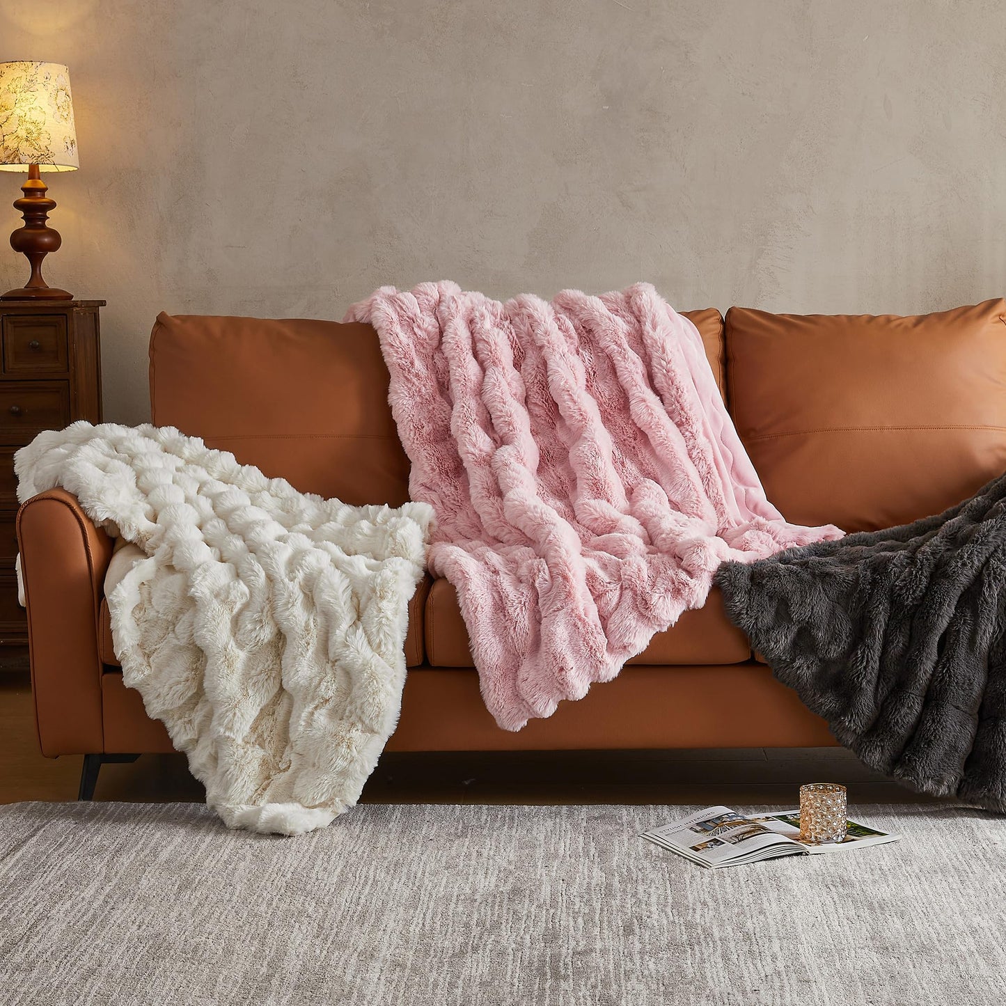 JELLYMONI Faux Fur Throw Blanket, White Throw Blanket for Couch, Fuzzy Cozy Plush Bubble Bed Blanket, Thick and Warm Blanket, Twin (60" x 80")