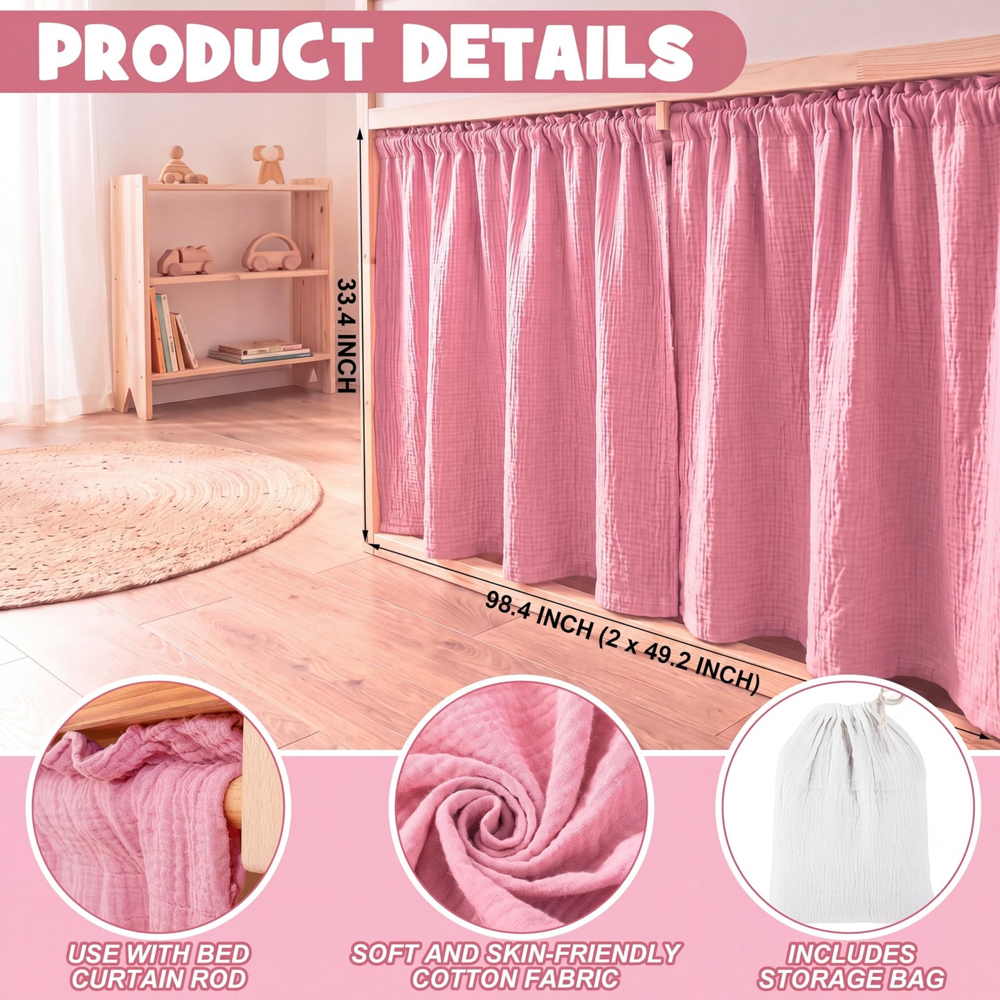 Breling 3 Pcs Panel Muslin Cotton Curtains Set for Loft Bed Pink Bunk Bed Privacy Curtains Breathable Fabric with Storage Bag for Bedroom Playhouse Dorm