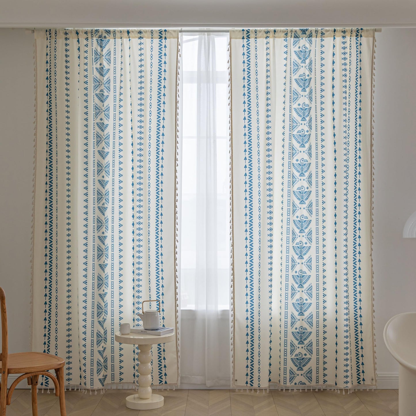 Erbnaryx Blue Geometric Curtains 72 Inches Long, Boho Farmhouse Light Filtering Rod Pocket Drapes with Tassel Trim for Bedroom Living Room, 2 Panels