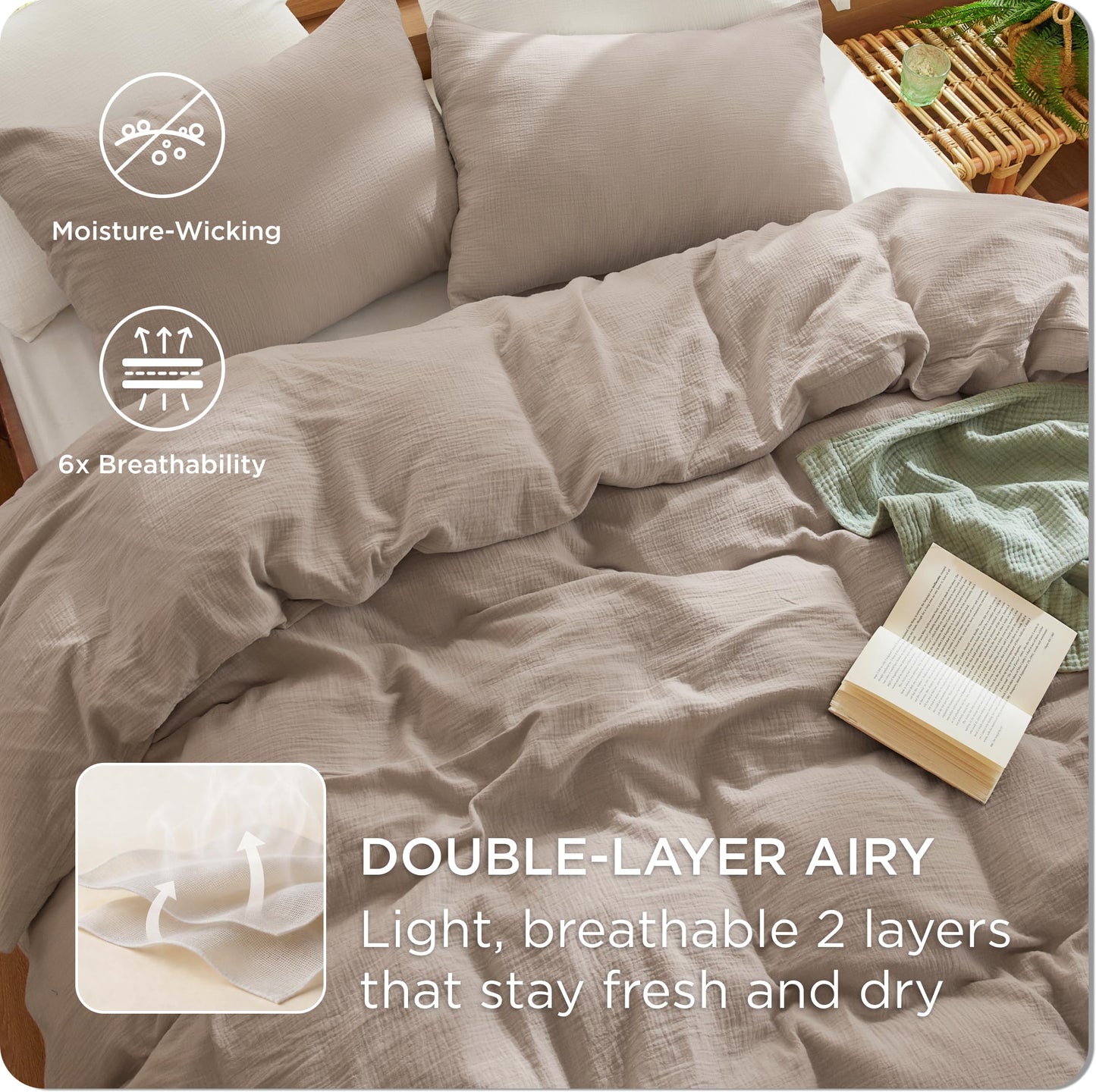 Bedsure 100% Muslin Cotton Duvet Cover King Size - Ultra-Soft Gauze Duvet Cover, PureWoven Breathable & Lightweight Bedding Set with Zipper Closure and Corner Ties (Khaki, King, 104"x90")