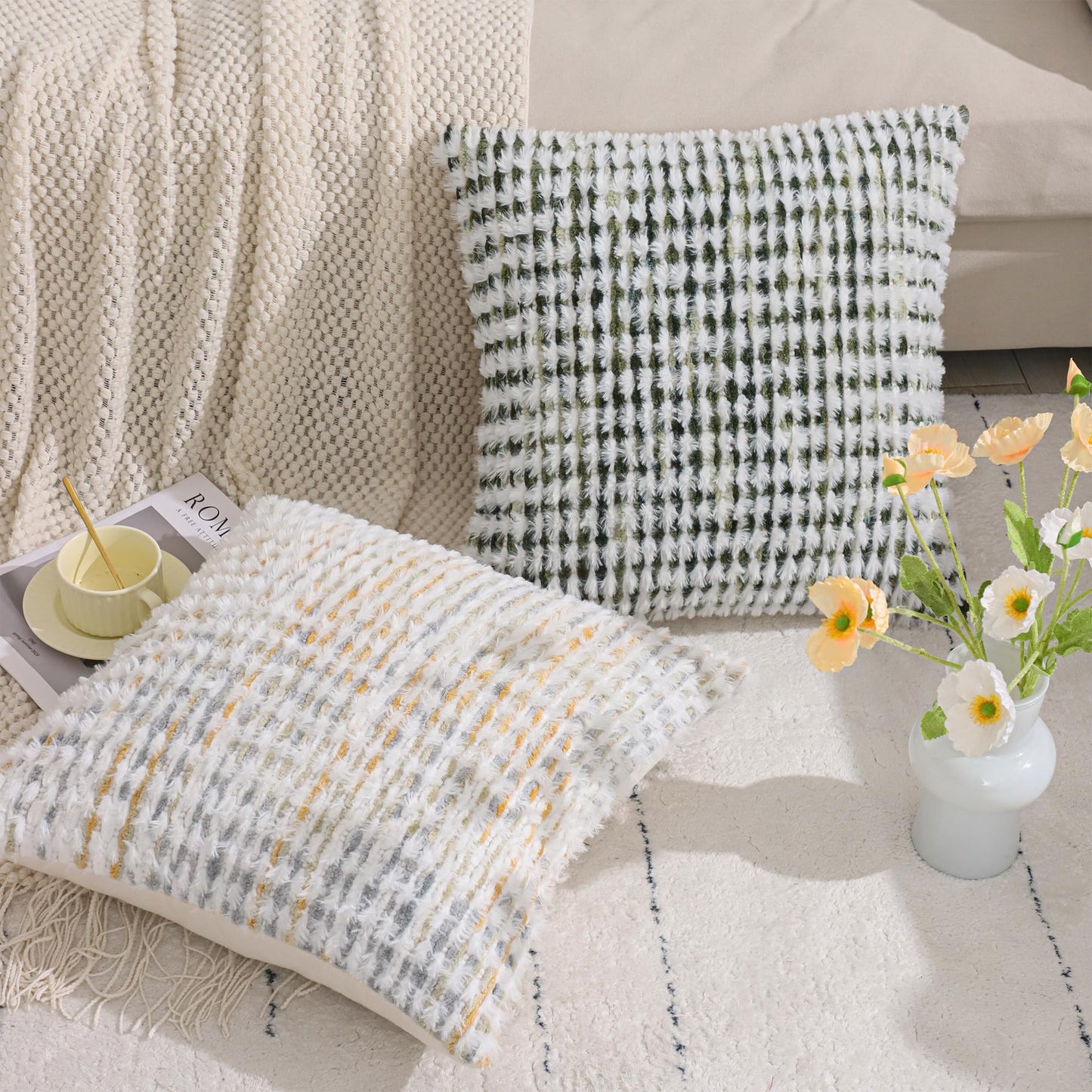 LUOYEHK Boho Throw Pillow Covers 22x22 Inch Set of 2 Chenille Tufted Pillowcase Farmhouse Neutral Cushion Covers for Couch Sofa Bed Living Room, Green White
