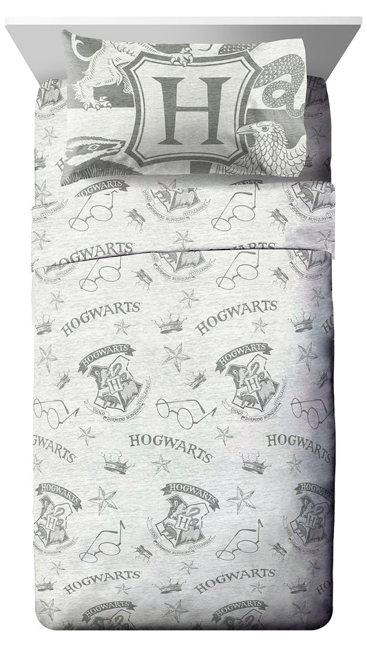 Jay Franco Kids Sheet Set with Fitted, Flat Sheets & Pillow Cover - Ultra-Soft Bedding with Pillowcase for Room Decor, Gray - Harry Potter, 3 Piece Twin
