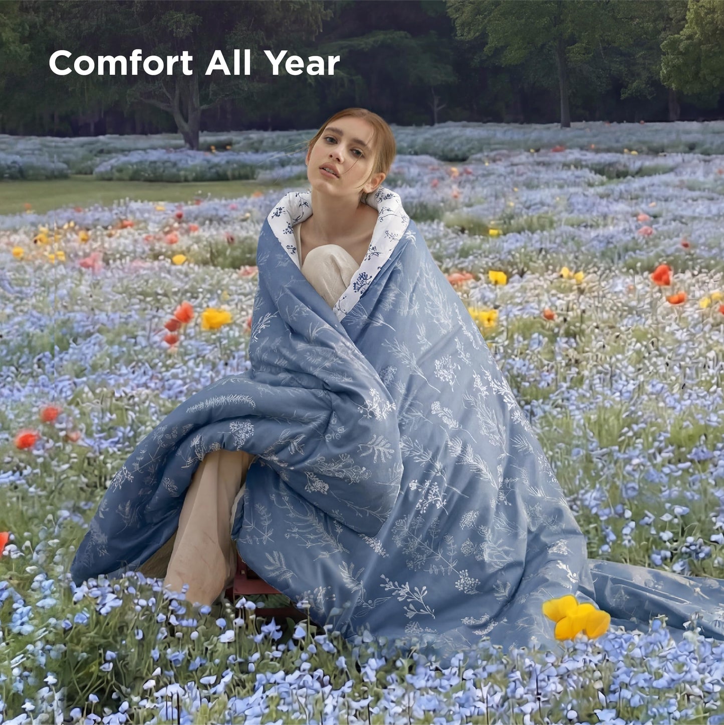 Bedsure Twin/Twin XL Comforter Set - Infinity Blue Comforter, Cute Floral Bedding Comforter Sets, Gifts for Woman, 2 Pieces, 1 Soft Reversible Botanical Flowers Comforter and 1 Pillow Sham