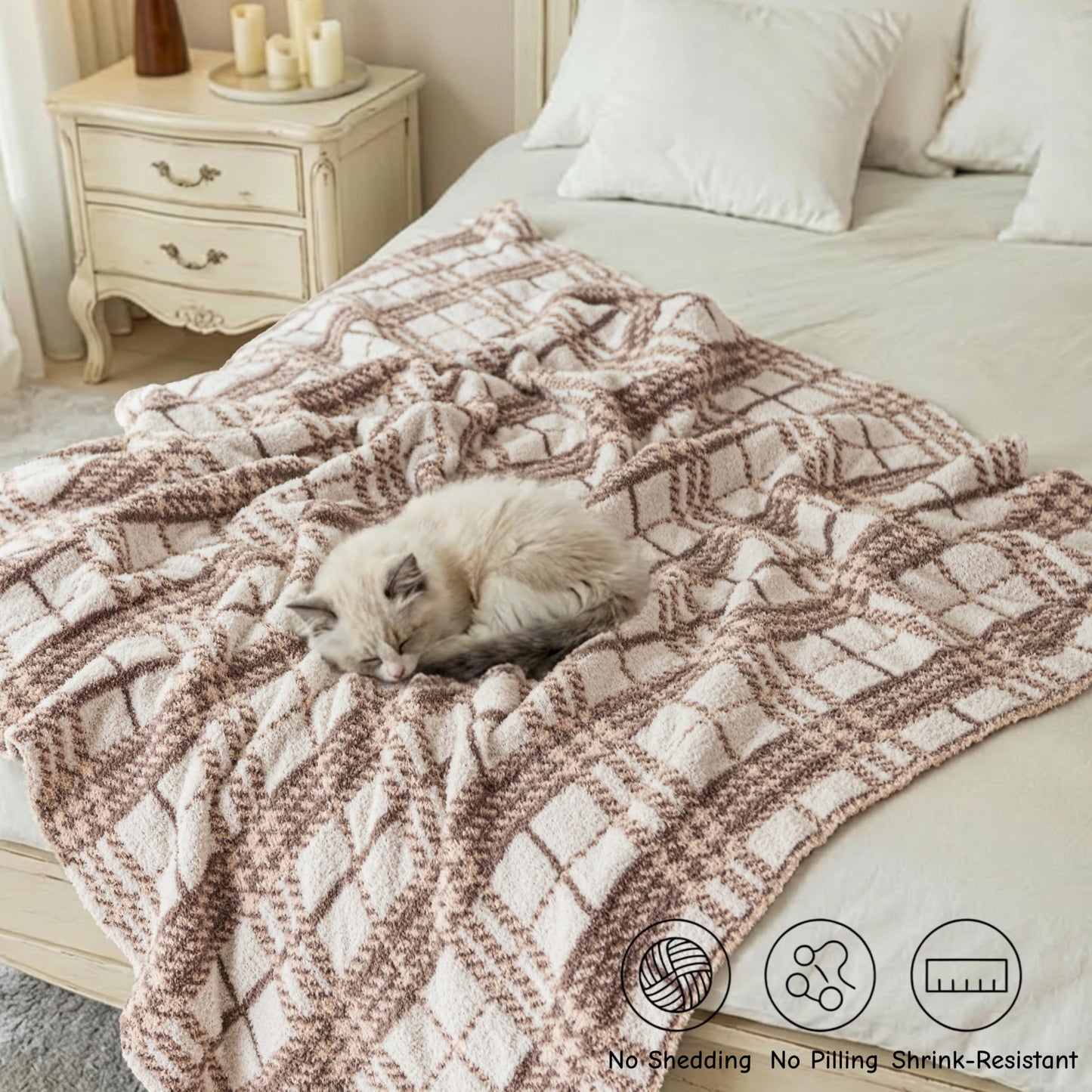 DXRZEXAM Stretch Knit Throw Blanket 47"x59" Soft Fleece Checkered Blanket All Season Breathable Non-Shedding Cozy for Couch Bed Office Lap Wrap Camping Trip 550GSM Khaki Beige Plaid