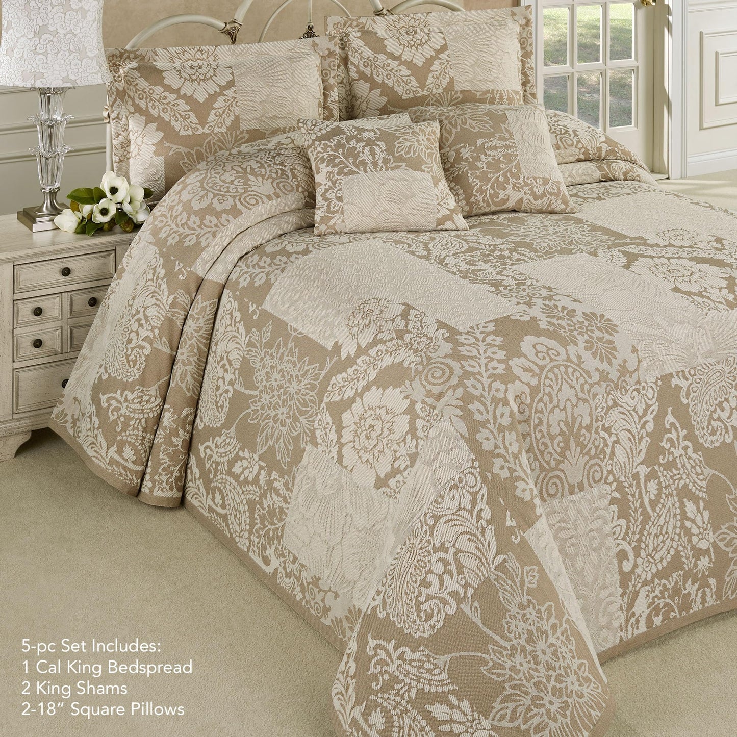 Maisonette Lightweight Bedding | Ivory & Neutral Taupe | Jacquard-Woven Cotton/Polyester Florals & Paisley Blocks | 5 Piece Bed Set: California King Bedspread, 2 King Shams, & 2 Square Accent Pillows