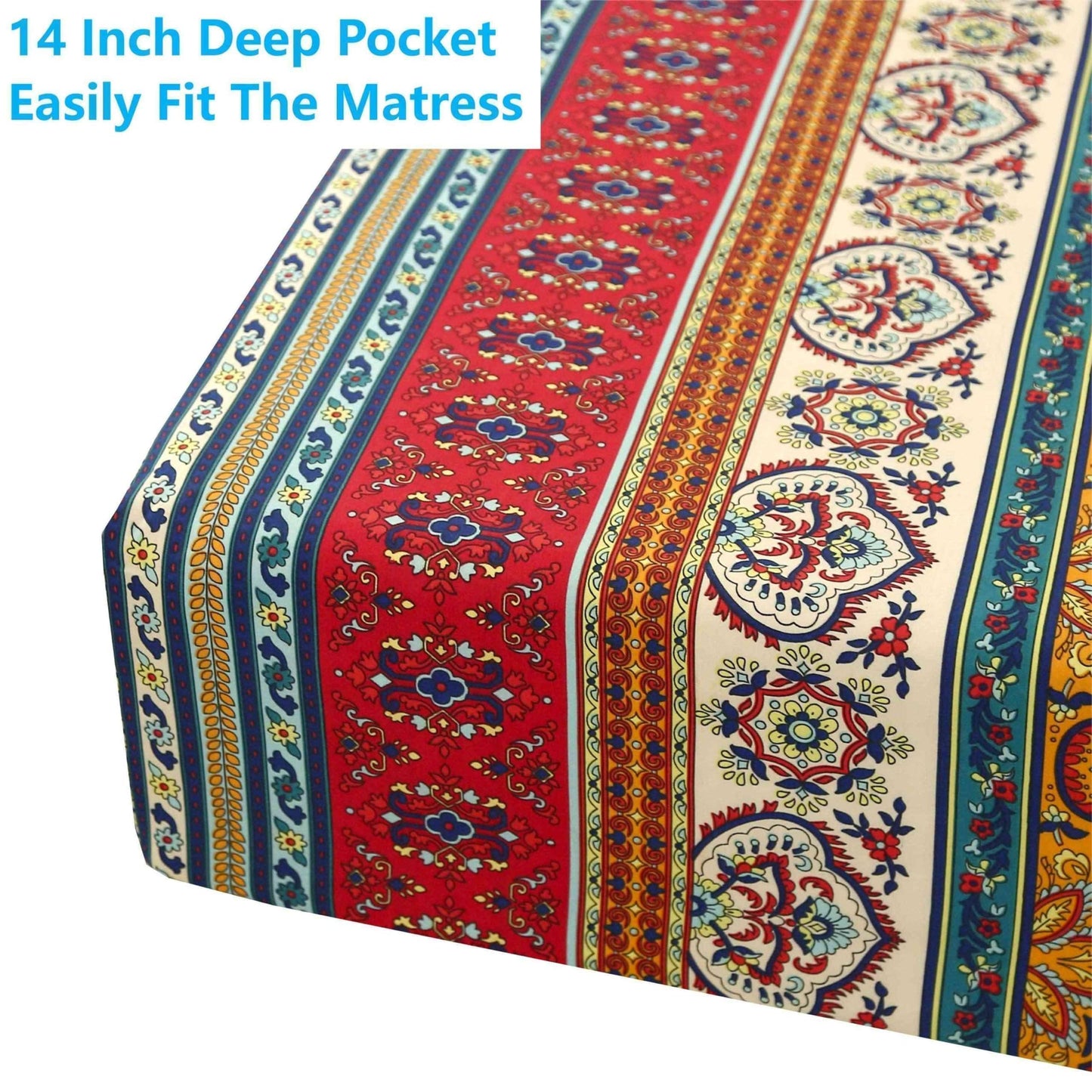 SDIII Boho Full Size Fitted Sheet with 2 Pillowcase, Deep Pocket Soft Micofiber Bohemian Tribal Striped Fitted Sheets Full All Season