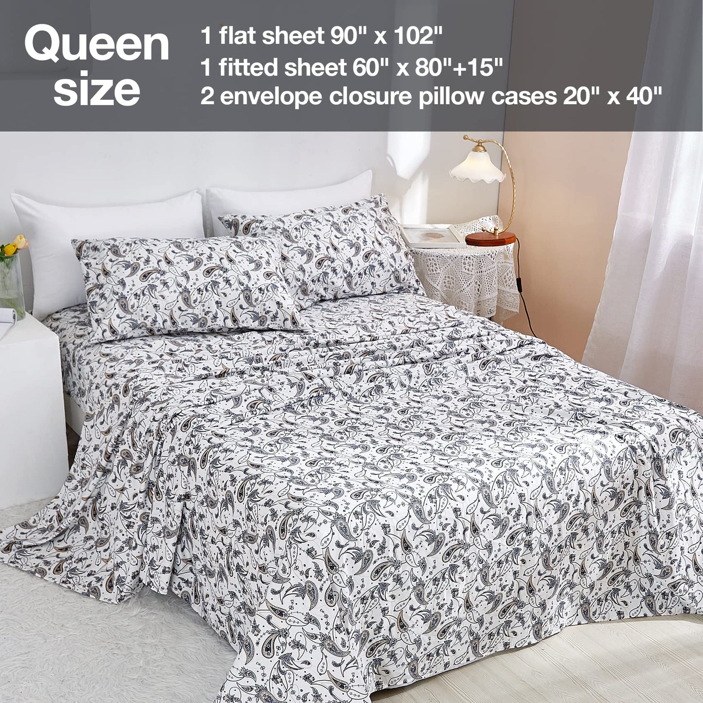 JSD Grey Paisley Printed Sheet Set Queen Size, 4 Piece Soft Retro Pattern Microfiber Sheets Extra Deep Pocket