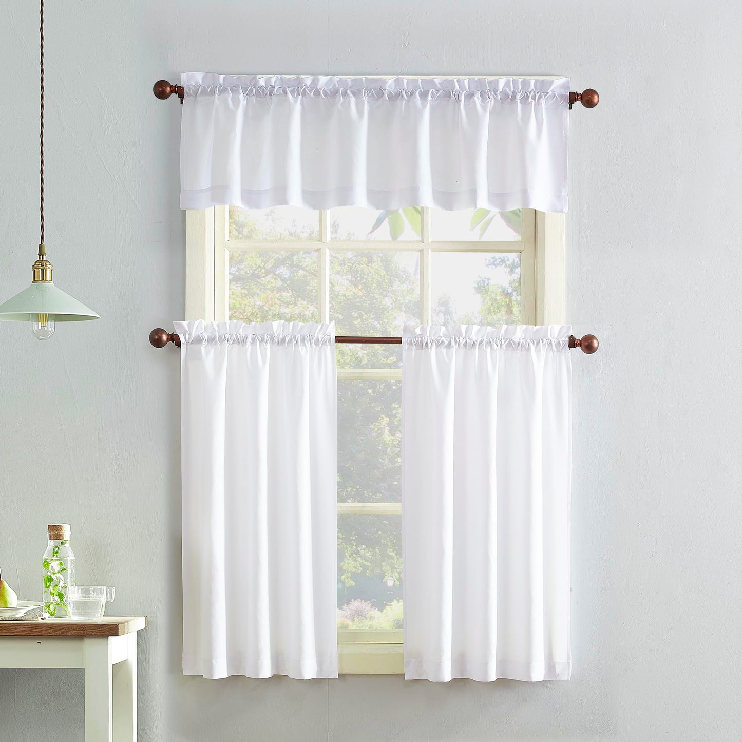 No. 918 Martine Microfiber Semi-Sheer Rod Pocket Kitchen Curtain Valance and Tiers Set, 54" x 45", White