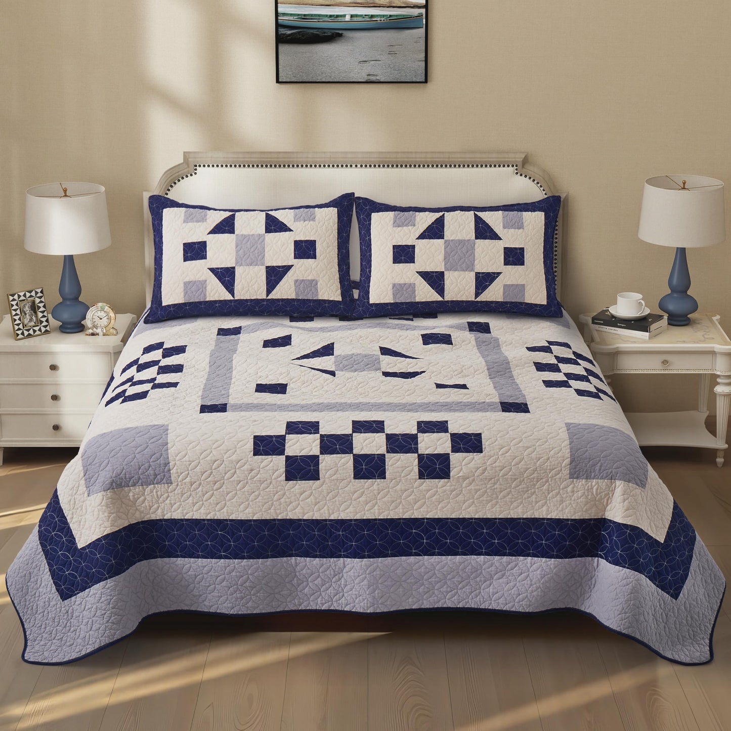 HUANXULISI California King Quilt, Navy Blue Grey, 118x102 Inch